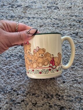 Cream Teddy Bear Ceramic Mug with Green Trim